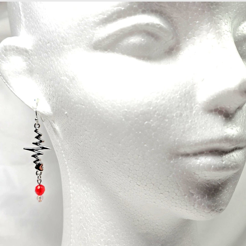 Silver Tone Heartbeat EKG Pulse Dangling Earrings with Red Glass Bead: Nurse's Gift, Medical Professionals