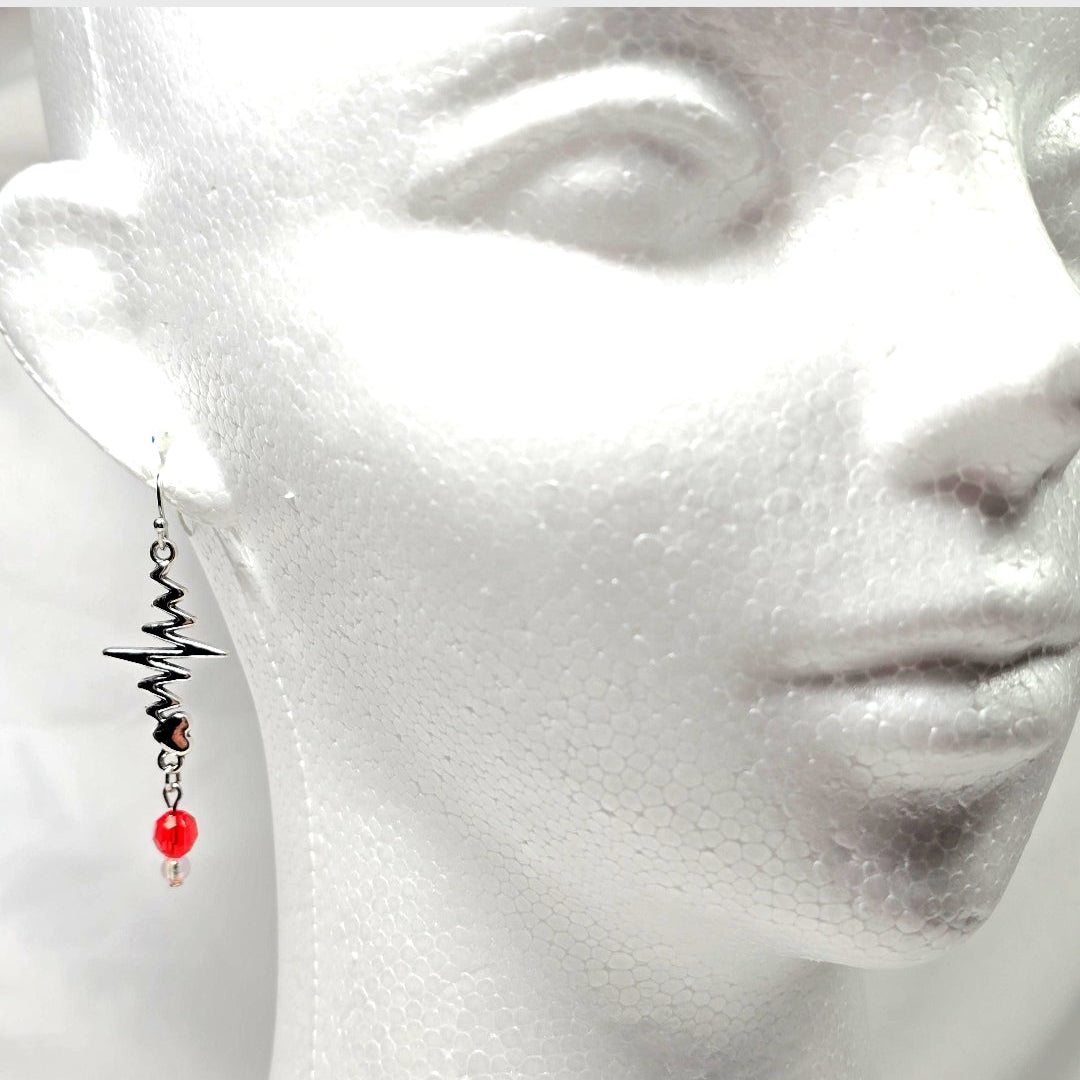 Silver Tone Heartbeat EKG Pulse Dangling Earrings with Red Glass Bead: Nurse's Gift, Medical Professionals