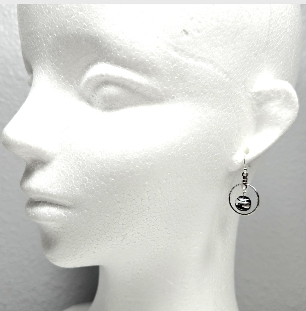 Handpainted Black Murano Glass Silver Hoop Drop Dangling Bohemian Artistic Earrings