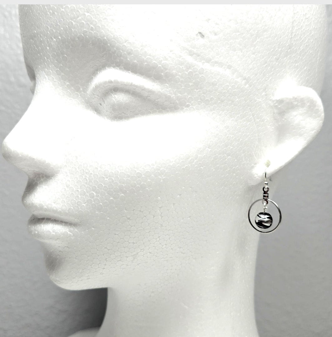 Handpainted Black Murano Glass Silver Hoop Drop Dangling Bohemian Artistic Earrings