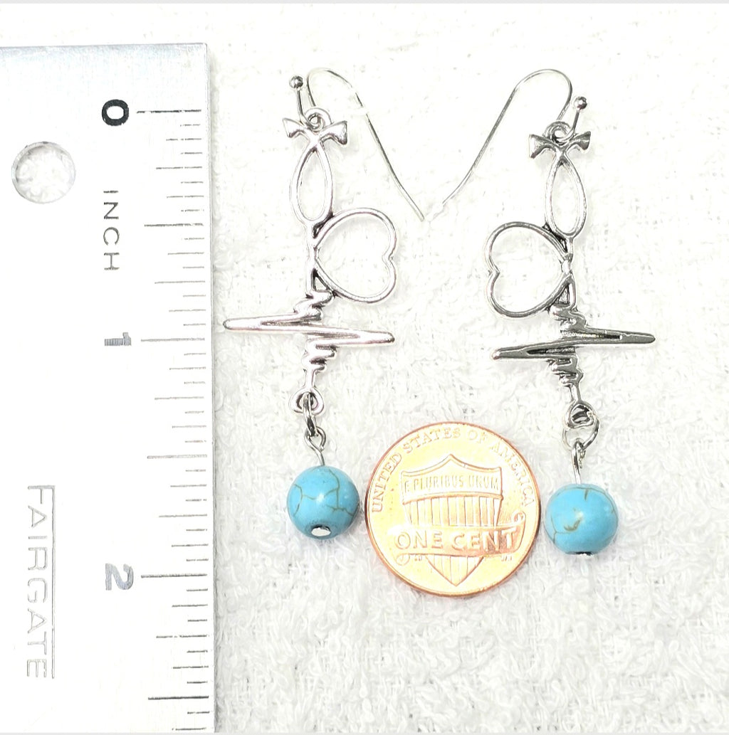 Nurse's Gift, Healthcare  Professionals: Heartbeat EKG Pulse Dangling Earrings with Blue Turquoise Bead