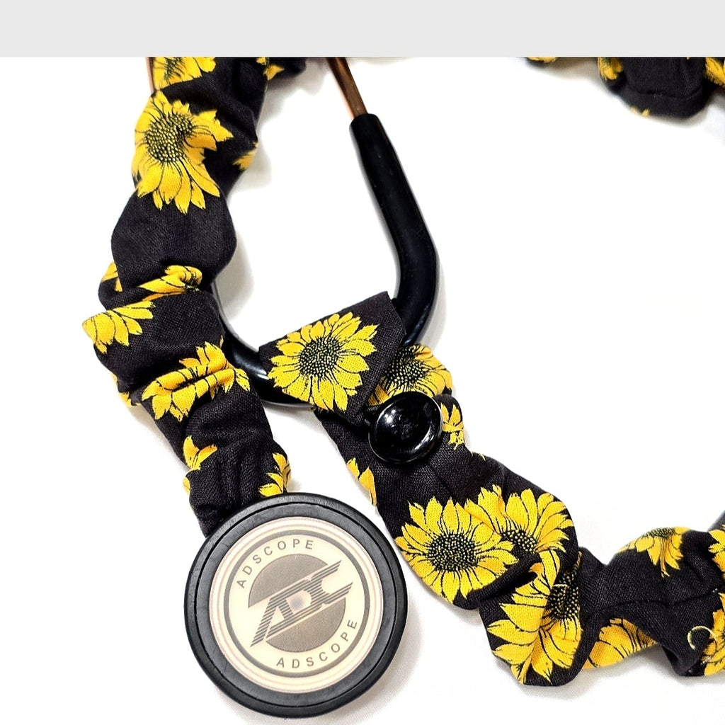 Sunflower Print Stethoscope Cover Scrunchie - Black & Yellow