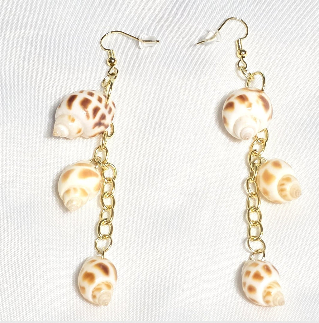 Natural shell earrings : coastal beach statement earrings with gold plated hooks and chains
