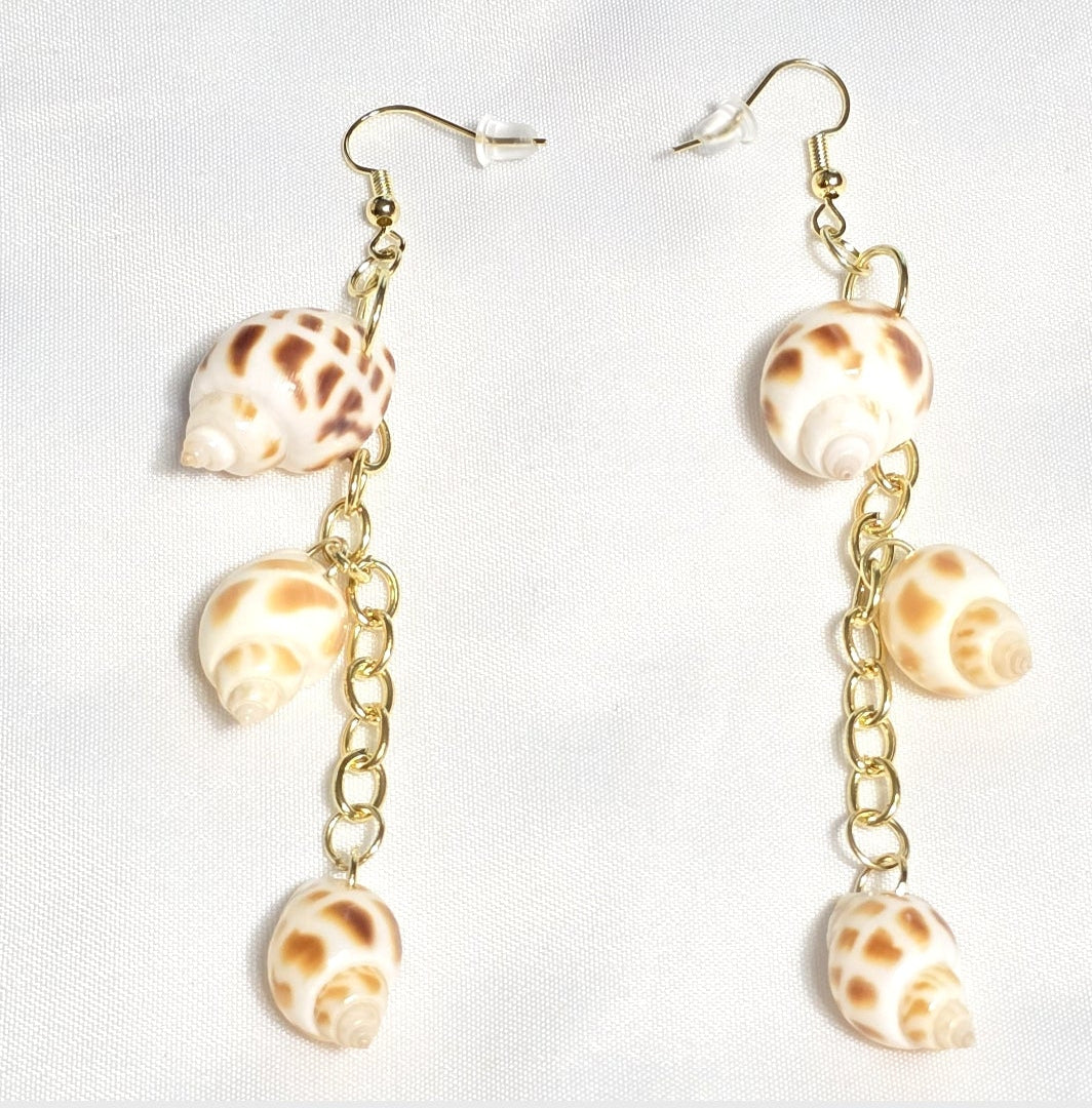 Natural shell earrings : coastal beach statement earrings with gold plated hooks and chains