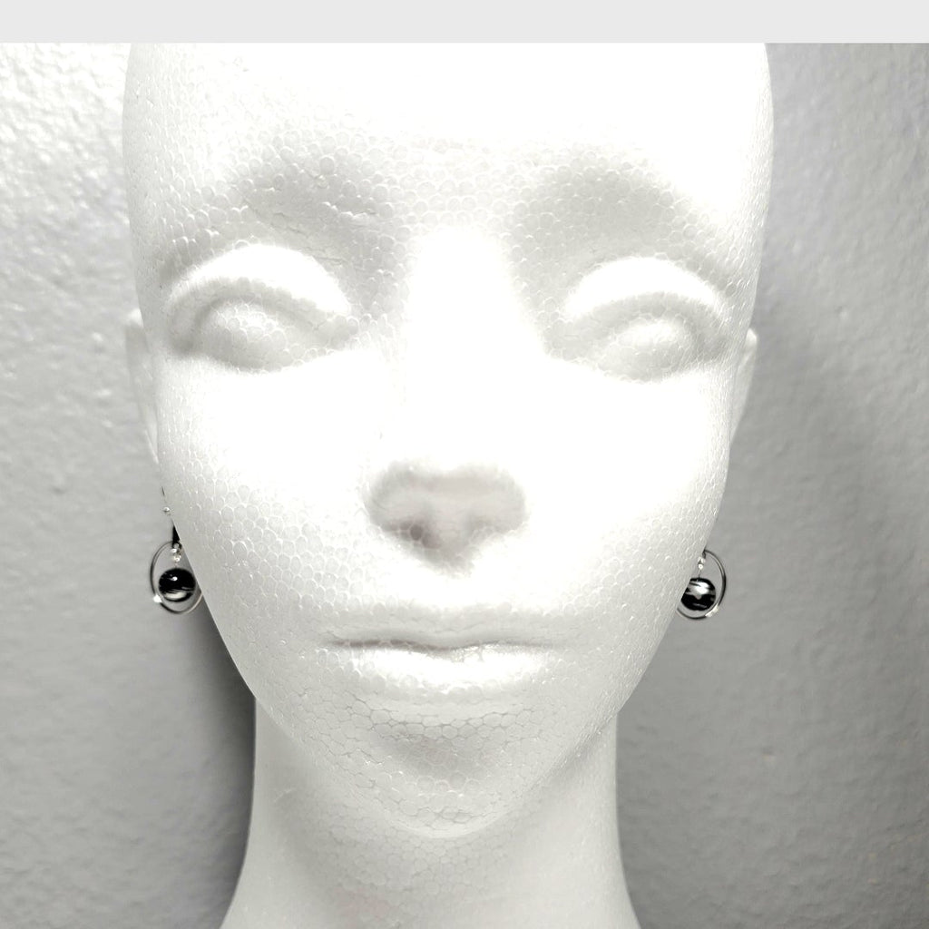 Handpainted Black Murano Glass Silver Hoop Drop Dangling Bohemian Artistic Earrings