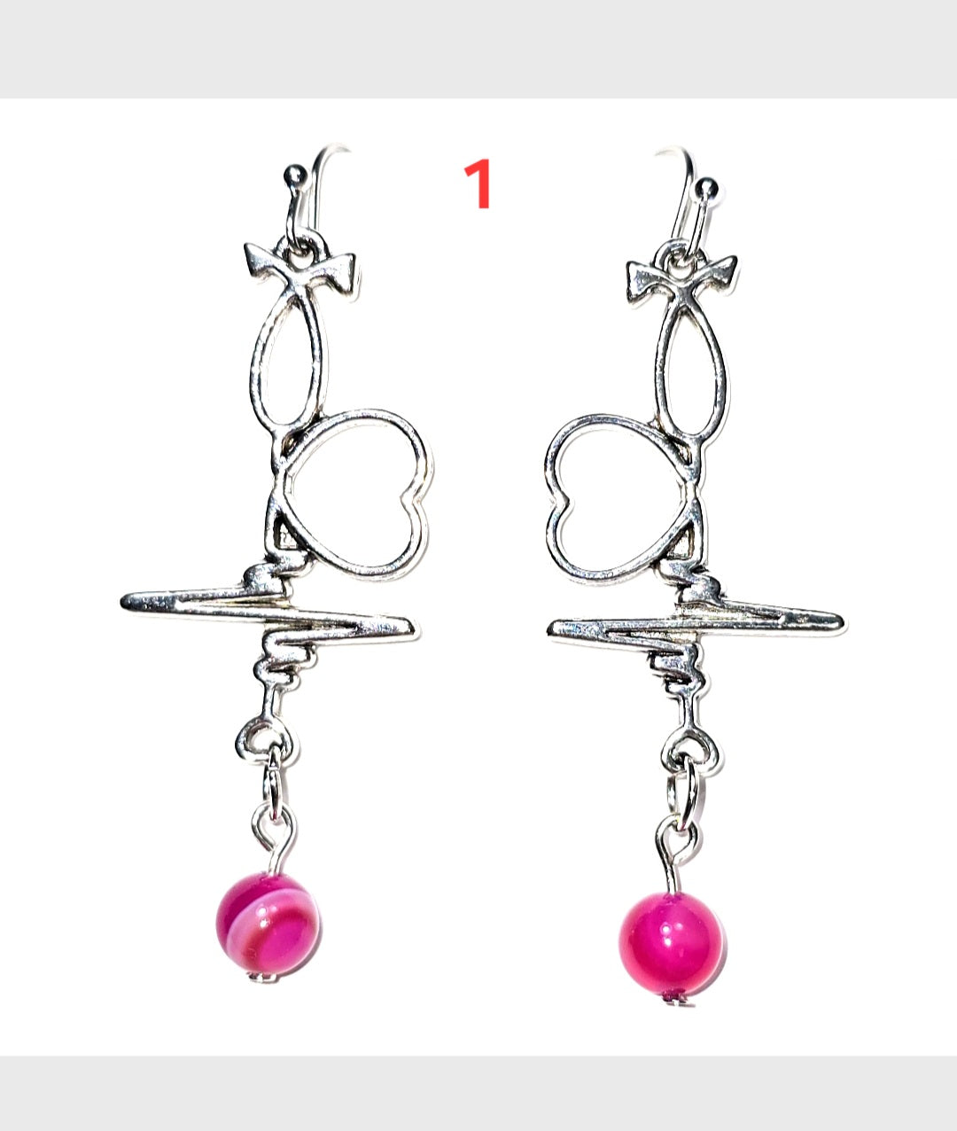 Dangling Earrings: Heartbeat  EKG, Stethoscope Design with Pink Agate Stone.. Nurse's Gift Idea under 50 dollars