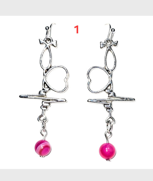 Dangling Earrings: Heartbeat  EKG, Stethoscope Design with Pink Agate Stone.. Nurse's Gift Idea under 50 dollars