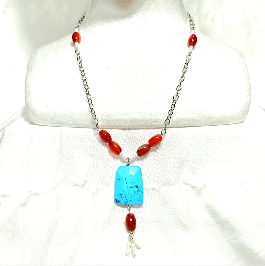 Handmade Natural Torquiose Pendant with Red Carnelian stone, white glass seed beads on silver tone chain. Y2K Bohenian Coastal Necklace Set