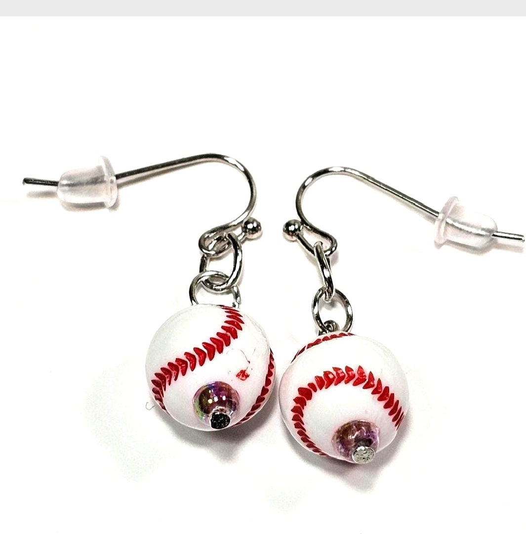 Baseball Acrylic Beaded Sporty Fasion Dangling Drop Earrings. Baseball player, fan, cheerleaders