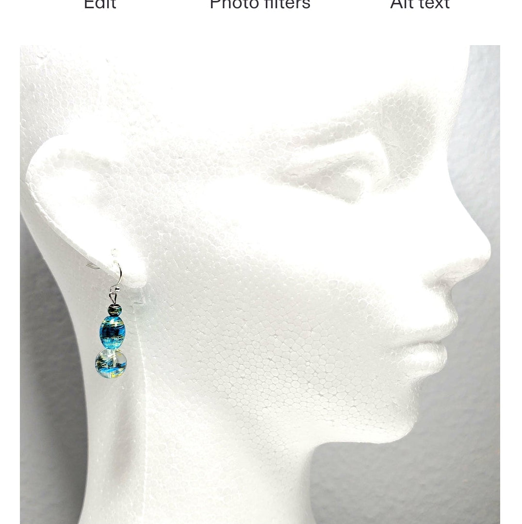 Handmade Handpainted Iridescent Blue Torquiose Murano Glass Drop Earrings with Silver Accents