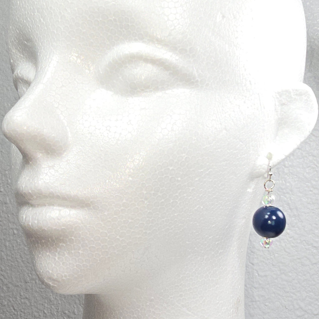 Handmade Navy Blue Wood Drop Dangling Bohemian Artistic Coastal Nautical Earrings