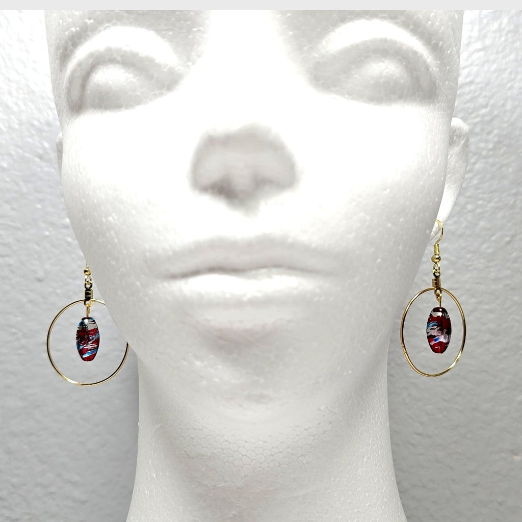 Handpainted Red Murano Glass Gold Round Drop Dangling Bohenian Artistic Earrings