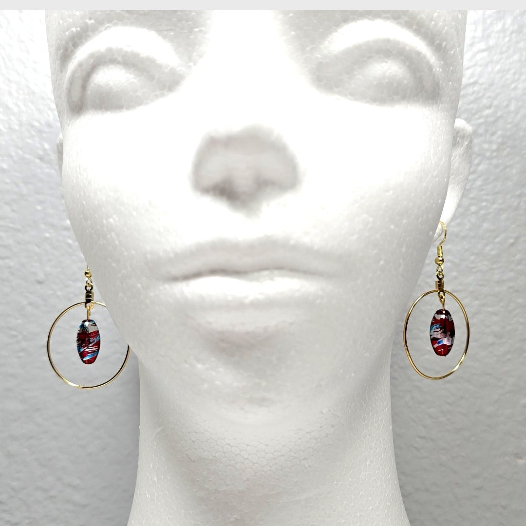 Handpainted Red Murano Glass Gold Round Drop Dangling Bohenian Artistic Earrings