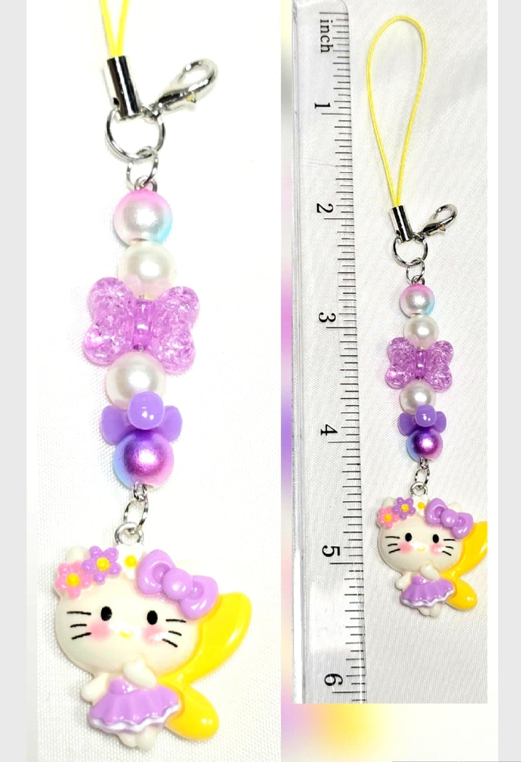 Whimsical Kawaii Hello Kitty Resin Pastel Purple and Yellow Cute Girly Giftable Keychain or Phone Bag Charm