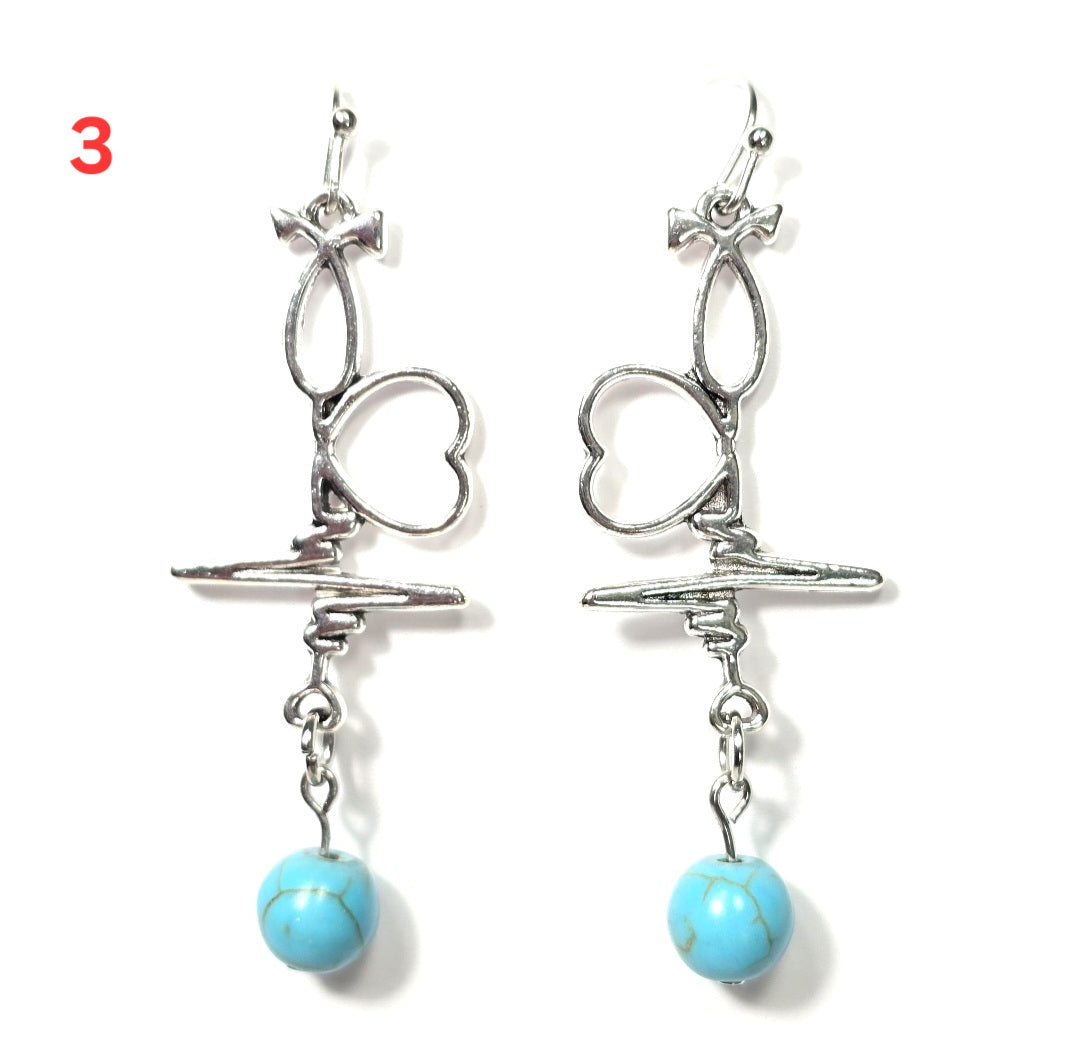 Nurse's Gift, Healthcare  Professionals: Heartbeat EKG Pulse Dangling Earrings with Blue Turquoise Bead