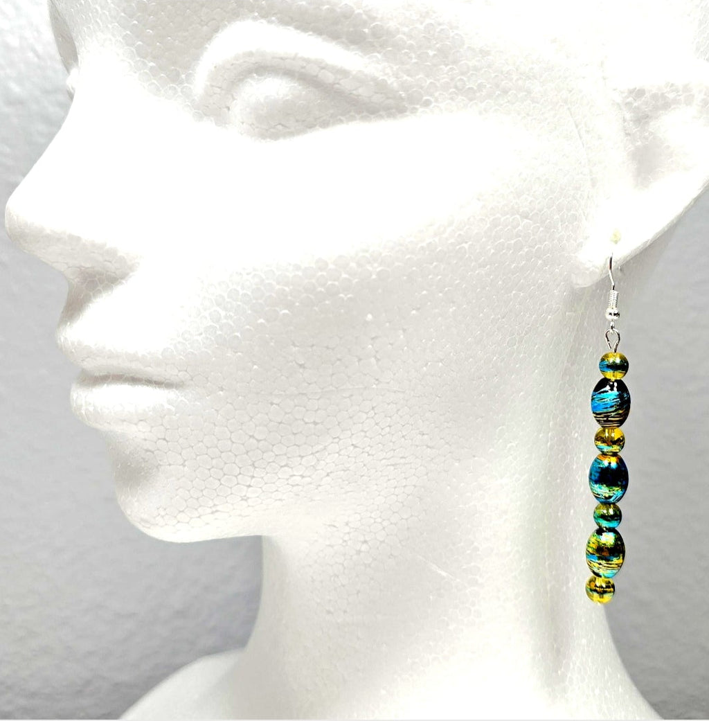 Handmade Handpainted Green Yellow Murano Glass Drop Earrings