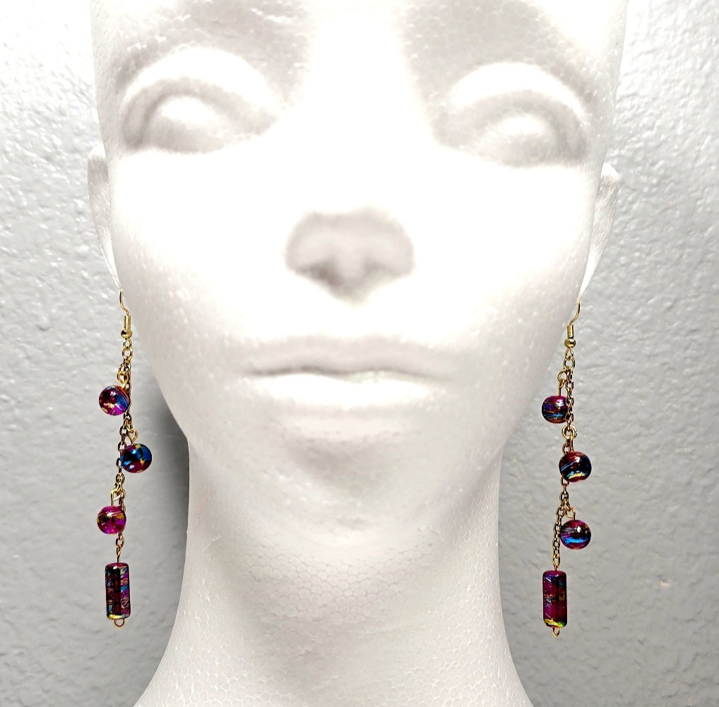 Handpainted Pink Murano Glass Drop Dangling Bohenian Artistic Earrings. One of a kind.