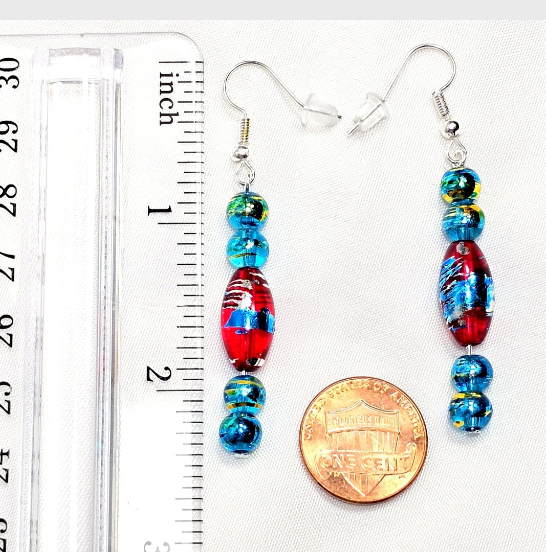 Multi-colored Blue Red Handpainted Murano Glass Drop Earrings with Silver Ear Wire