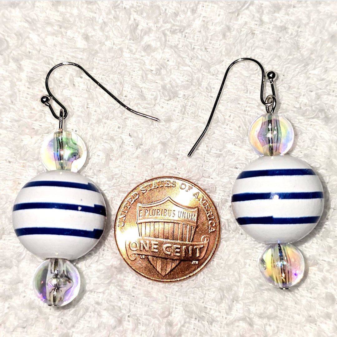 Handpainted Blue and White Stripe Wood Drop Dangling Bohemian Artistic Coastal Nautical Earrings