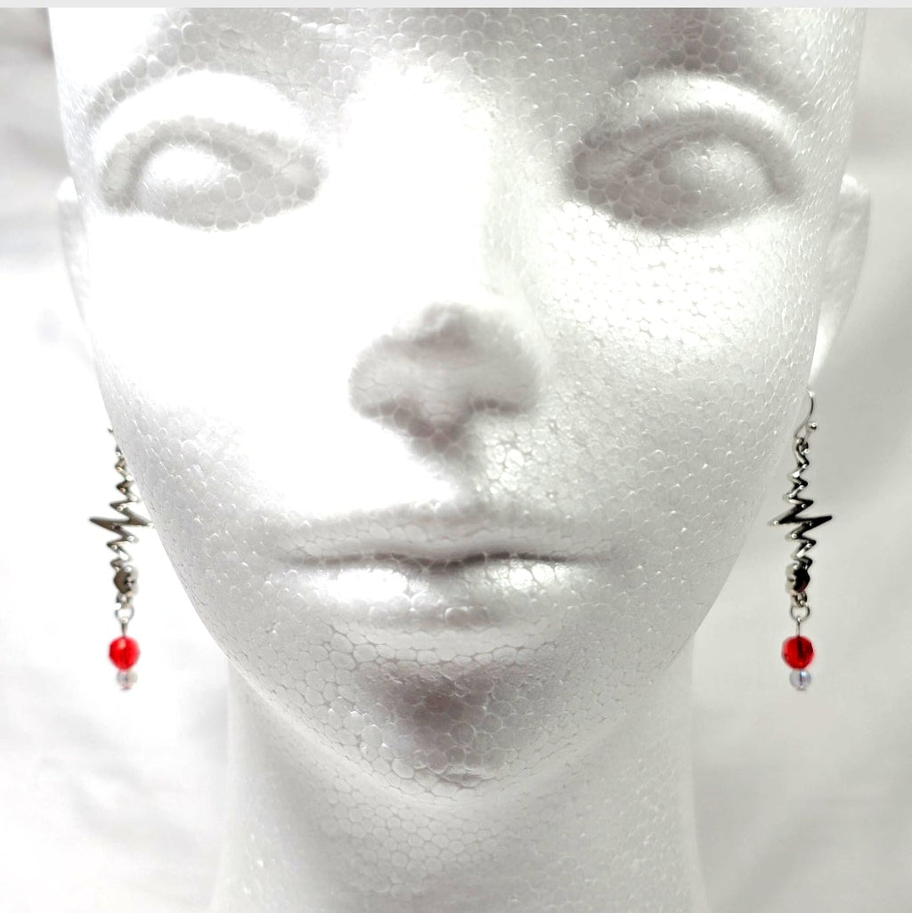 Silver Tone Heartbeat EKG Pulse Dangling Earrings with Red Glass Bead: Nurse's Gift, Medical Professionals