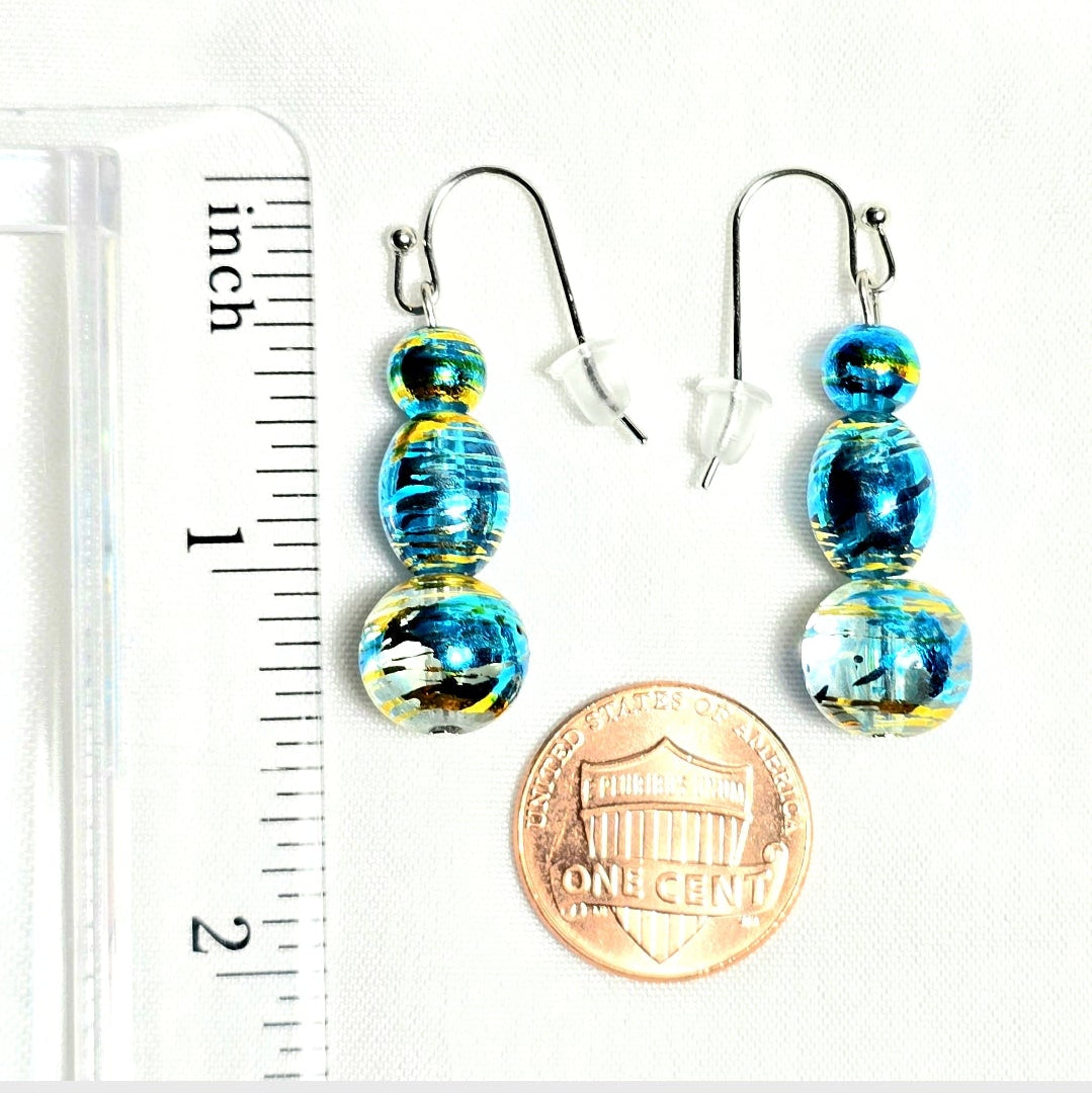 Handmade Handpainted Iridescent Blue Torquiose Murano Glass Drop Earrings with Silver Accents