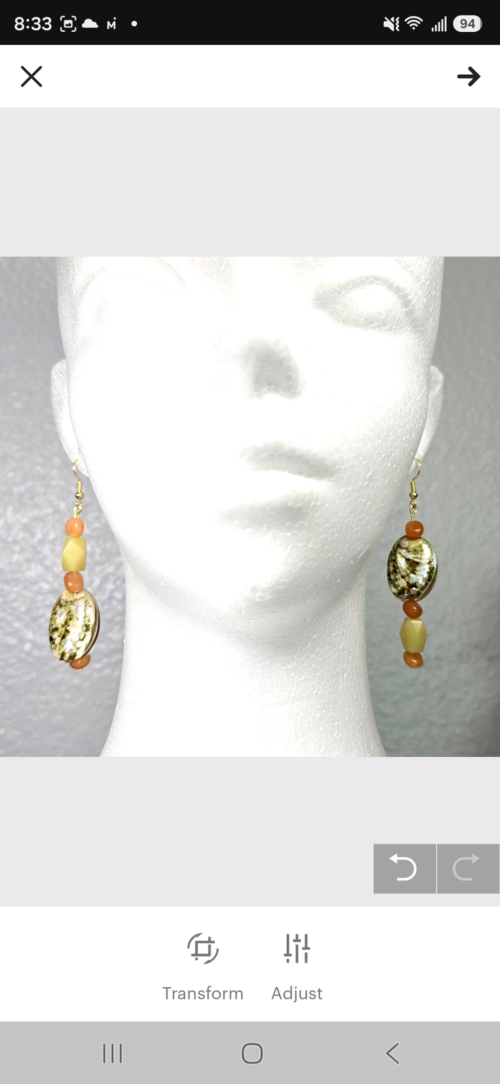 Beaded Abalone Natural shell earrings: mismatched coastal beach Bohenian statement earrings with  orange  and light green adventurine beads