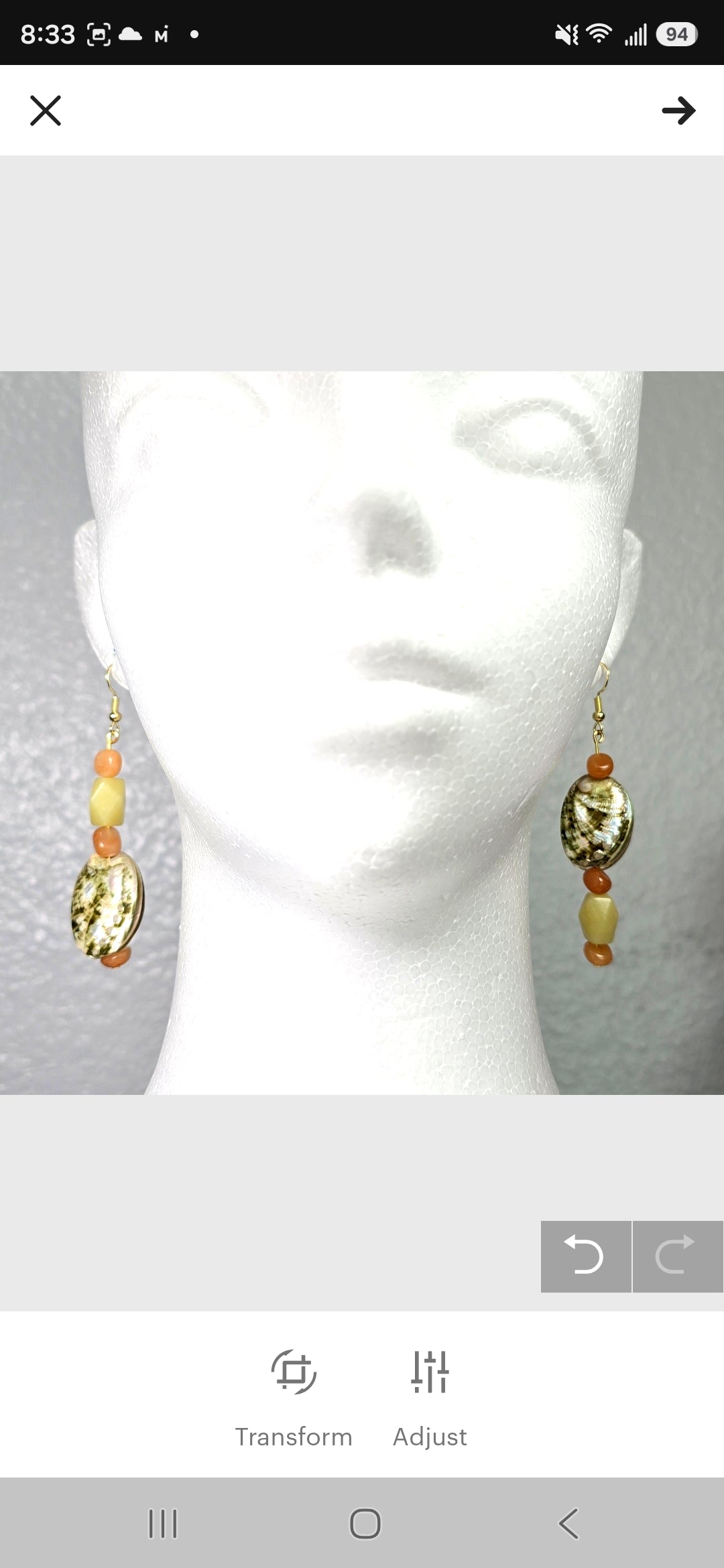 Beaded Abalone Natural shell earrings: mismatched coastal beach Bohenian statement earrings with  orange  and light green adventurine beads
