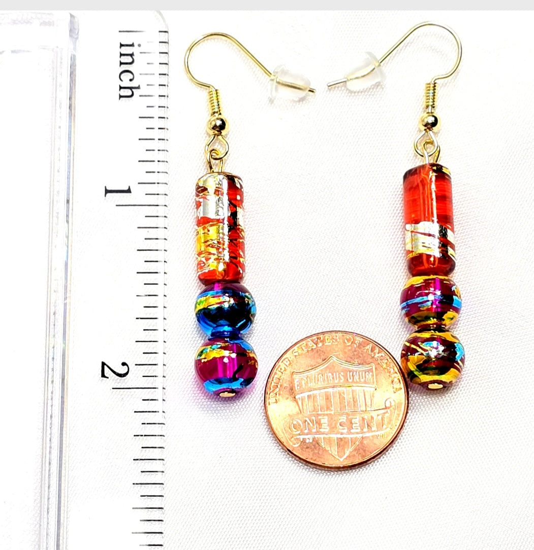 Handpainted Orange Murano Glass Drop Dangling Bohenian Artistic Earrings. One of a kind.
