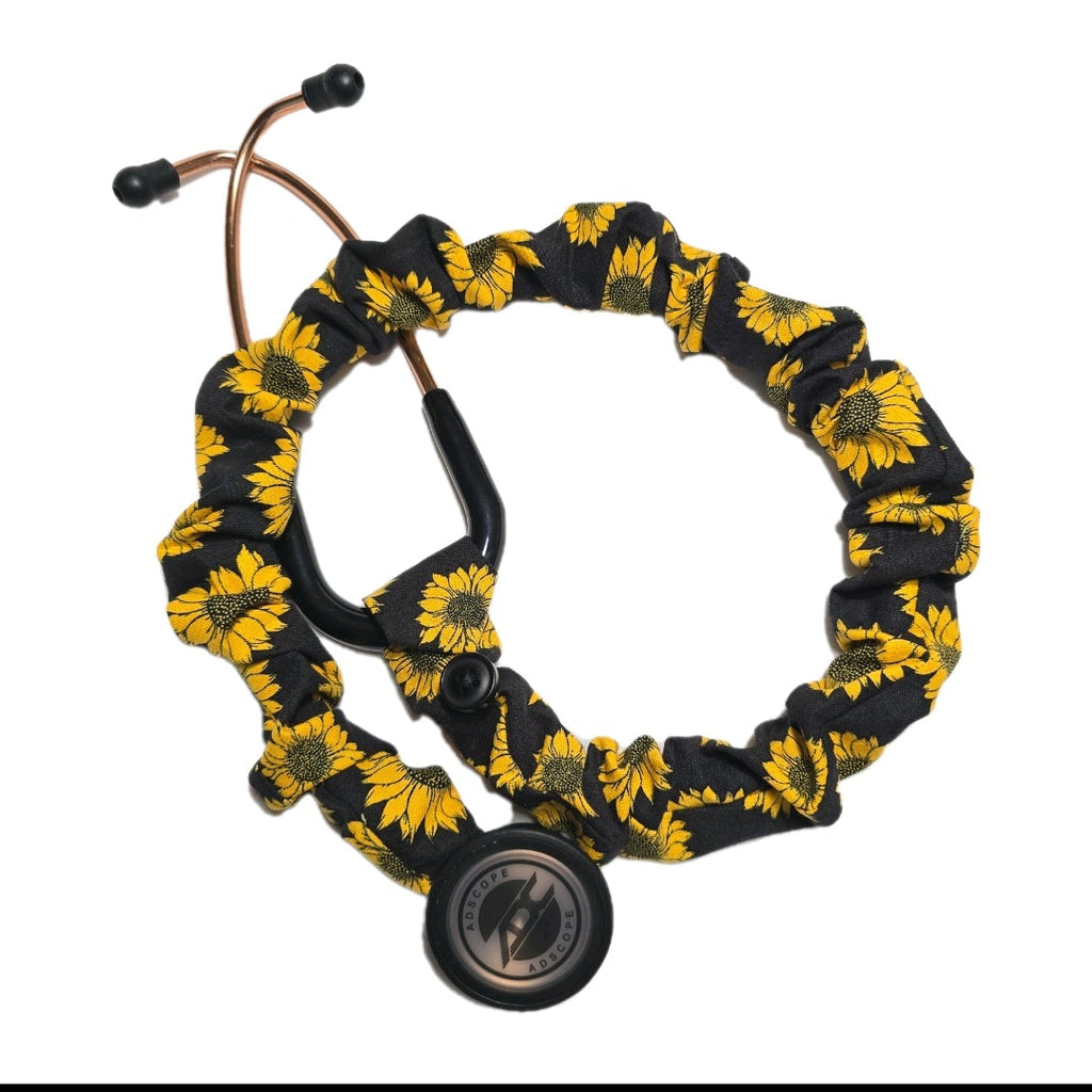 Sunflower Print Stethoscope Cover Scrunchie - Black & Yellow