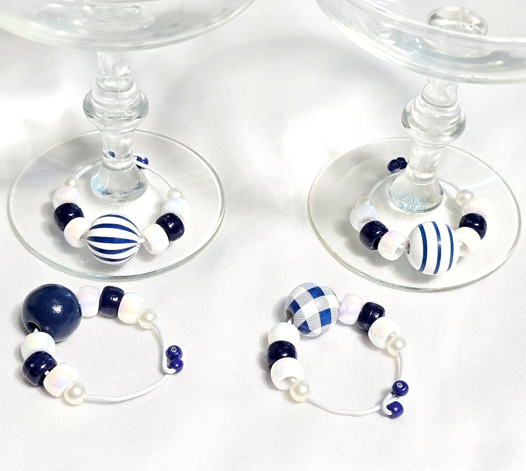 4 Blue and White Stripe Beach Nautical Coastal-themed Beaded Wine Glass Charms: Party or Bar Accessory