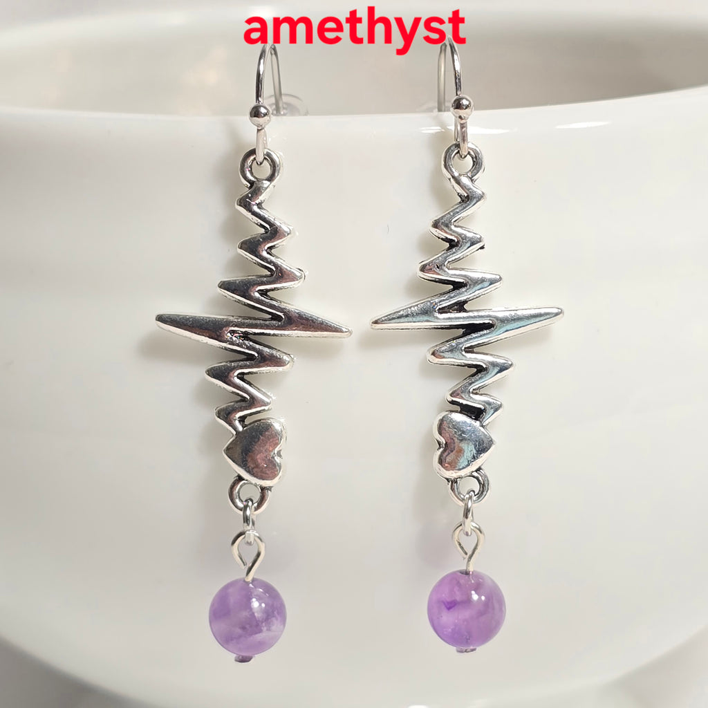 Nurse's Gift, Medical Professionals: Heartbeat EKG Pulse Dangling Earrings with Natural Stones.