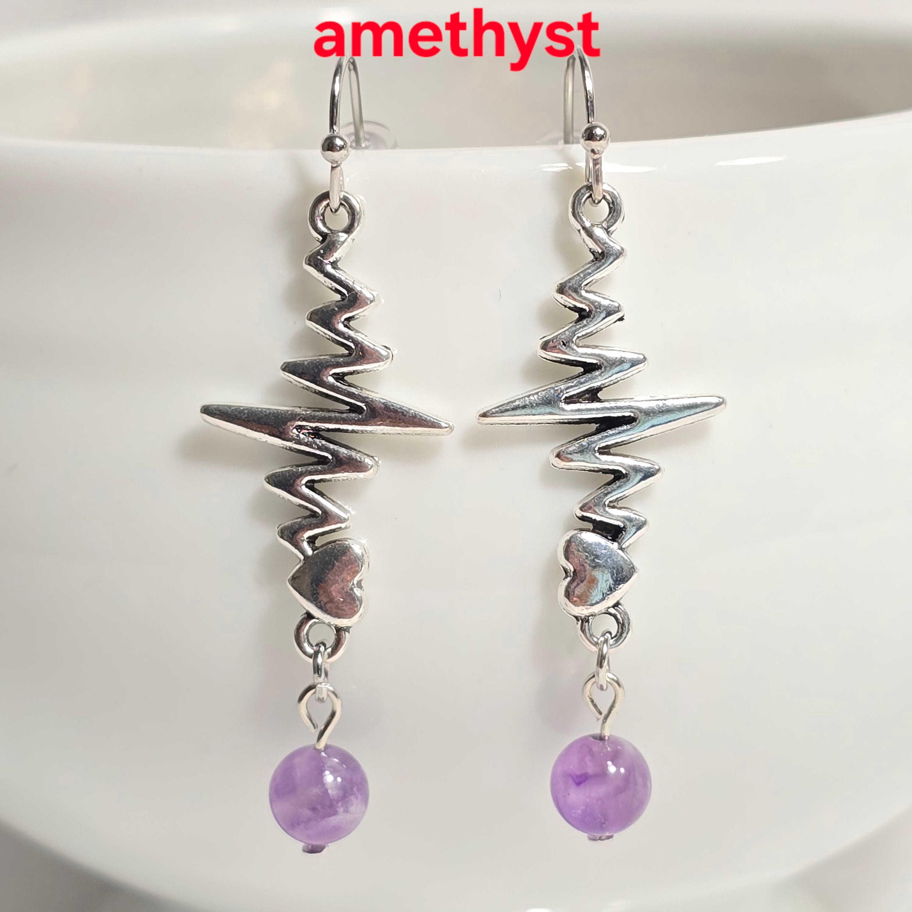 Nurse's Gift, Medical Professionals: Heartbeat EKG Pulse Dangling Earrings with Natural Stones.