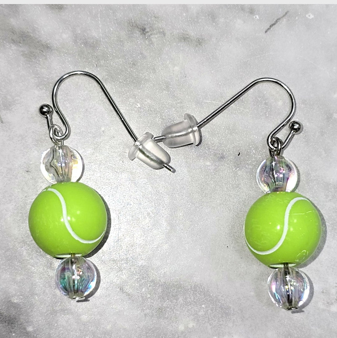 Neon Green Tennis Ball Acrylic Beaded Sporty Fasion Dangling Drop Earrings.