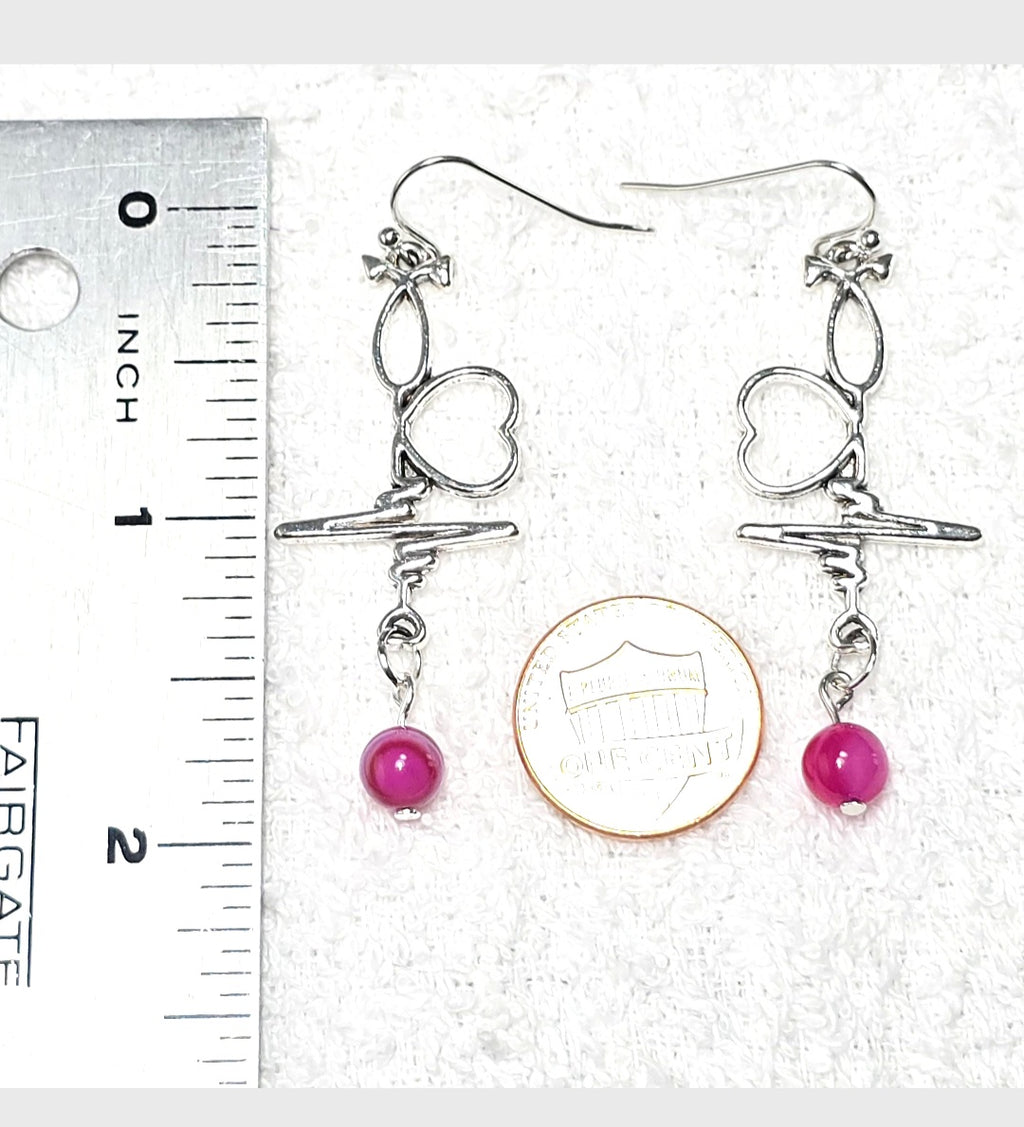 Dangling Earrings: Heartbeat  EKG, Stethoscope Design with Pink Agate Stone.. Nurse's Gift Idea under 50 dollars