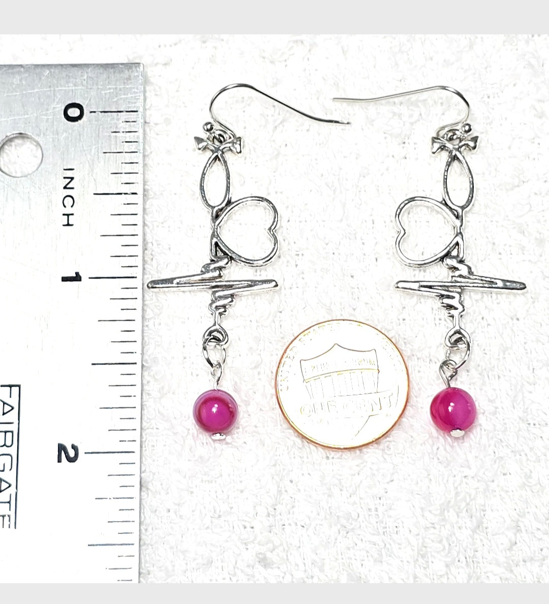 Dangling Earrings: Heartbeat  EKG, Stethoscope Design with Pink Agate Stone.. Nurse's Gift Idea under 50 dollars