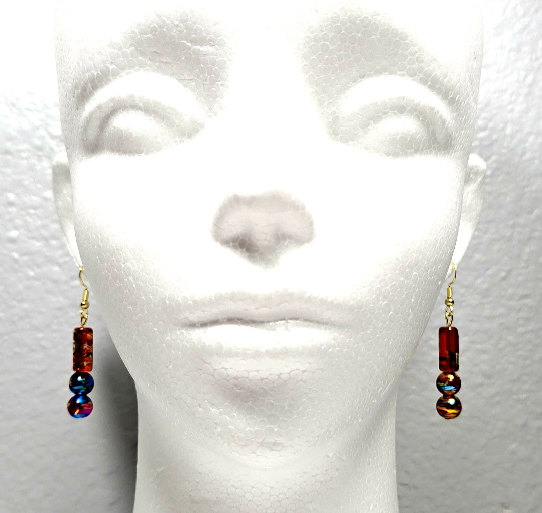 Handpainted Orange Murano Glass Drop Dangling Bohenian Artistic Earrings. One of a kind.