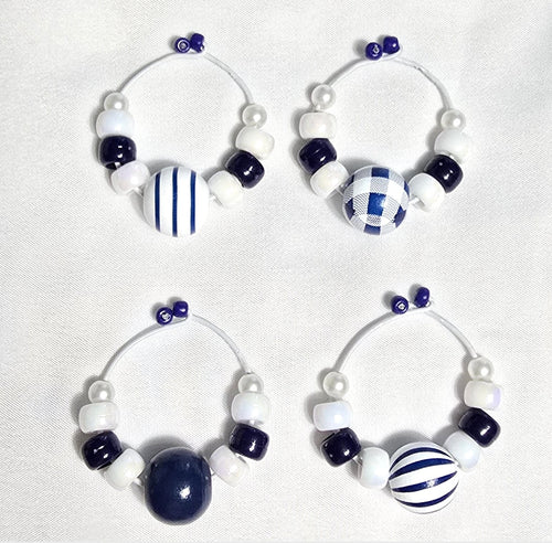 4 Blue and White Stripe Beach Nautical Coastal-themed Beaded Wine Glass Charms: Party or Bar Accessory