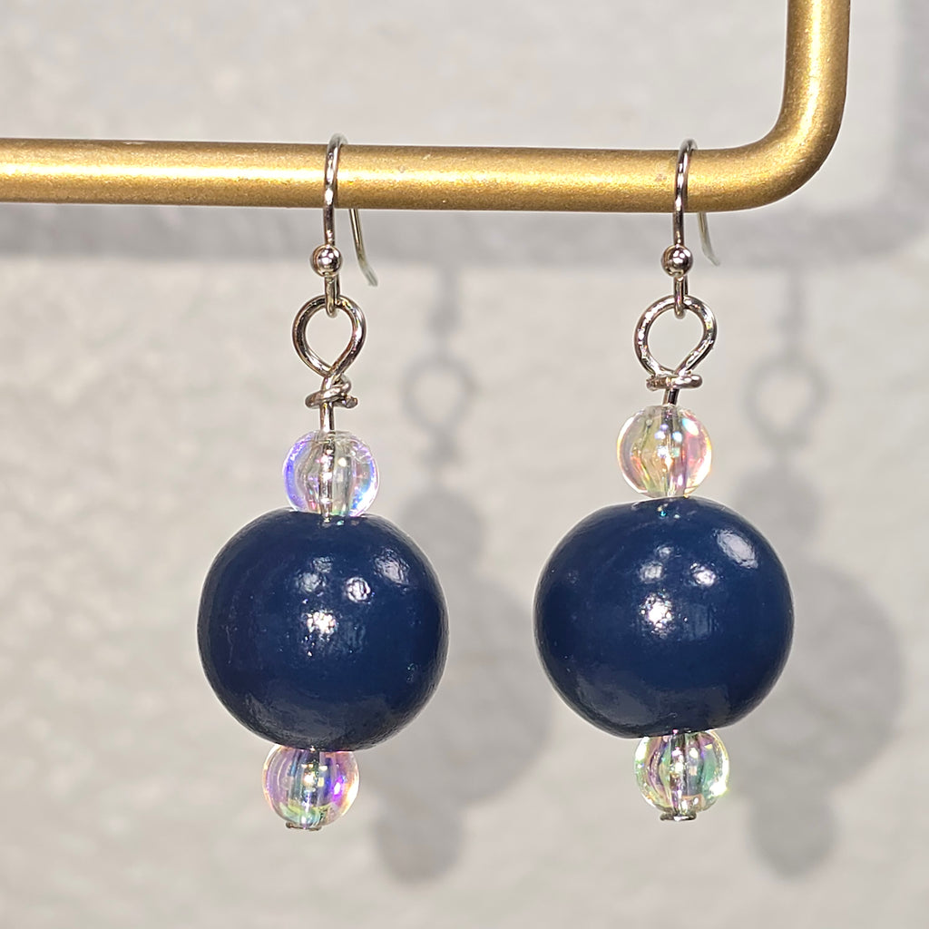 Handmade Navy Blue Wood Drop Dangling Bohemian Artistic Coastal Nautical Earrings