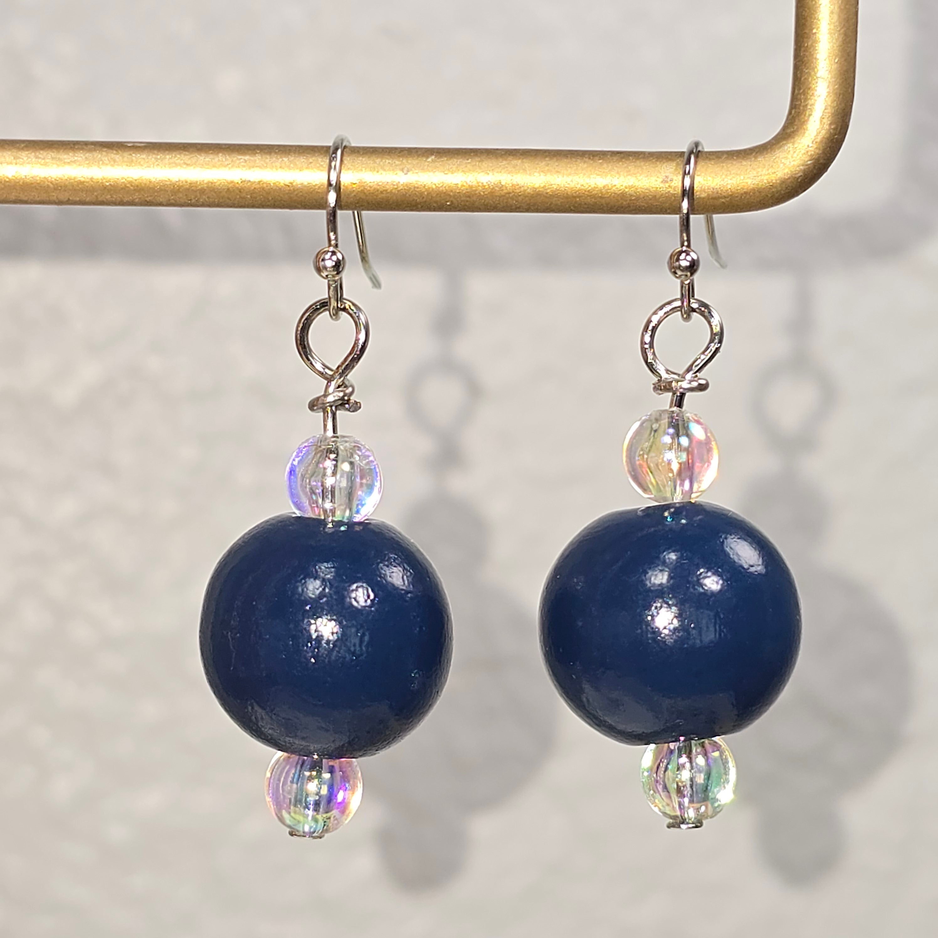 Handmade Navy Blue Wood Drop Dangling Bohemian Artistic Coastal Nautical Earrings