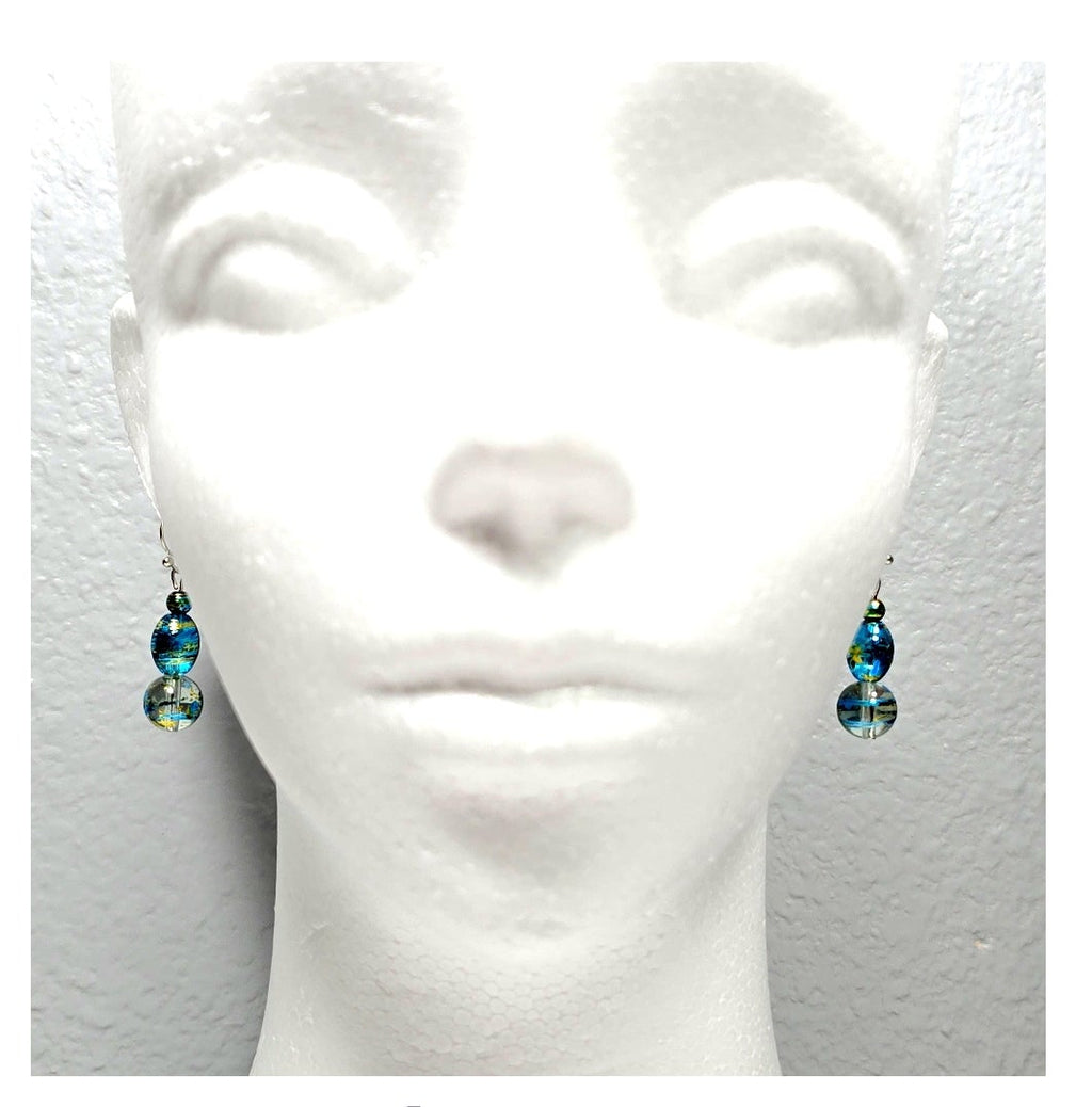 Handmade Handpainted Iridescent Blue Torquiose Murano Glass Drop Earrings with Silver Accents