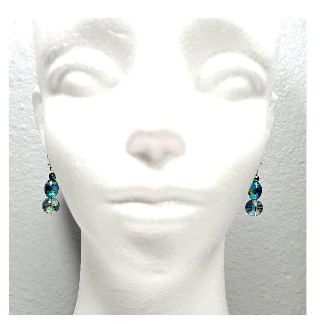 Handmade Handpainted Iridescent Blue Torquiose Murano Glass Drop Earrings with Silver Accents