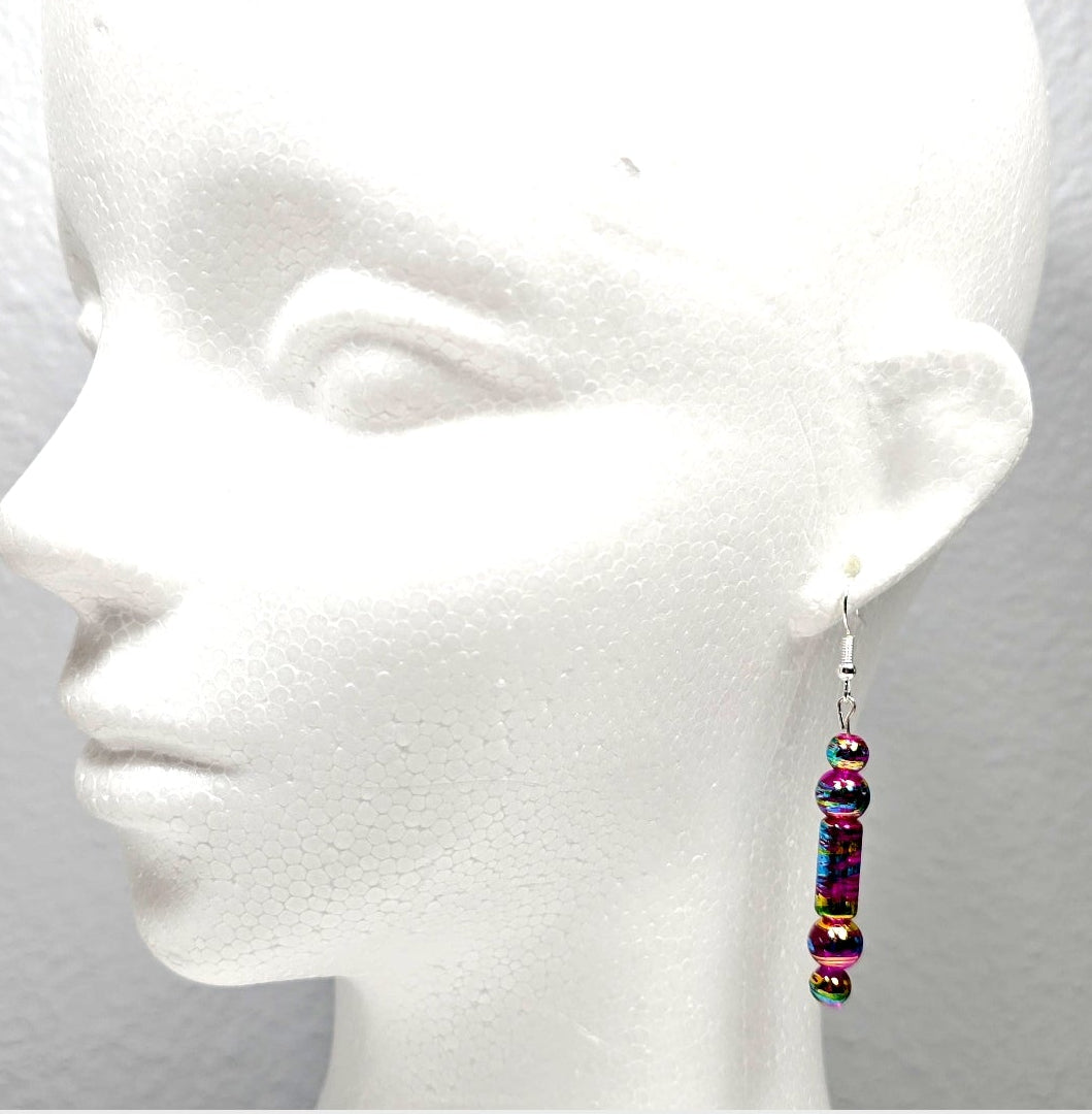 Handpainted Magenta Pink Fuchsia Murano Glass Drop Dangling Bohenian Artistic Earrings. One of a kind.