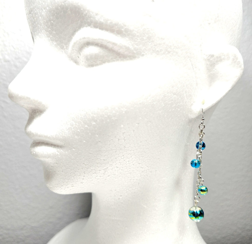 Handpainted Blue Murano Glass Drop Dangling Bohenian Artistic Earrings. One of a kind.