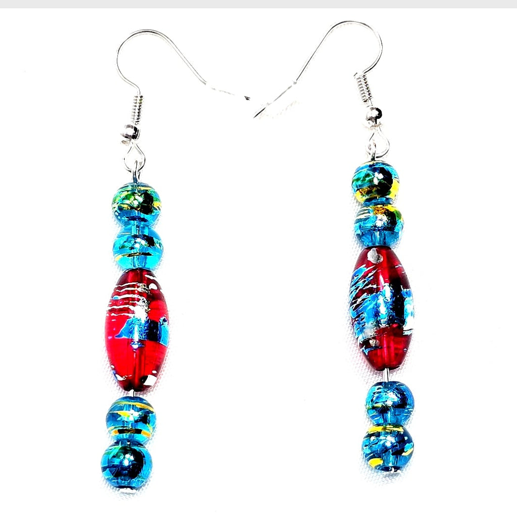 Multi-colored Blue Red Handpainted Murano Glass Drop Earrings with Silver Ear Wire