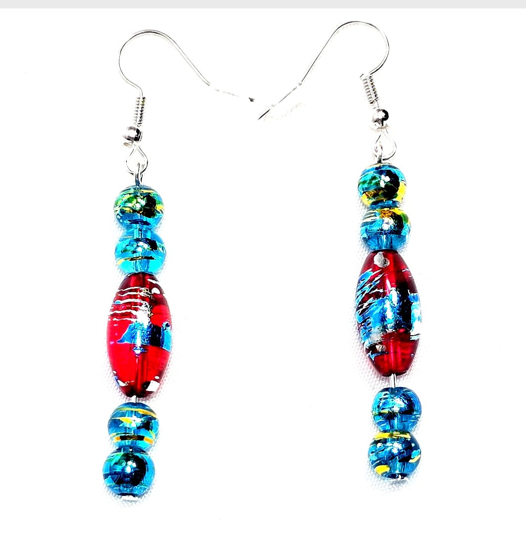 Multi-colored Blue Red Handpainted Murano Glass Drop Earrings with Silver Ear Wire