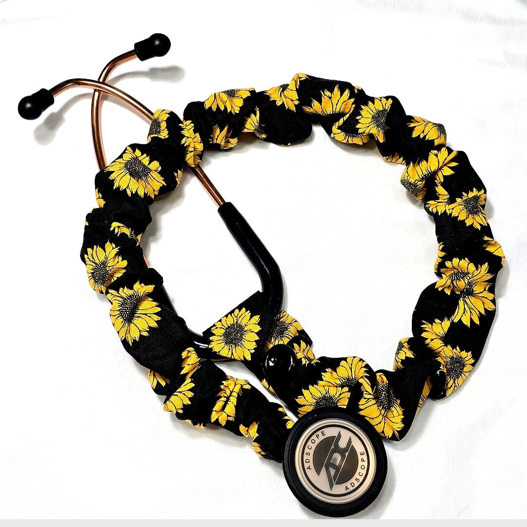 Sunflower Print Stethoscope Cover Scrunchie - Black & Yellow