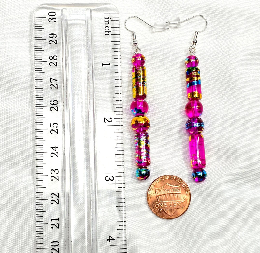 Handpainted Pink Murano Glass Drop Dangling Bohenian Artistic Earrings. One of a kind.