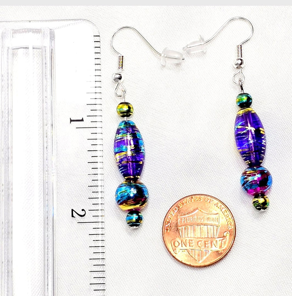 Multi-colored Purple Handpainted Murano Glass Drop Earrings with Gold Accents