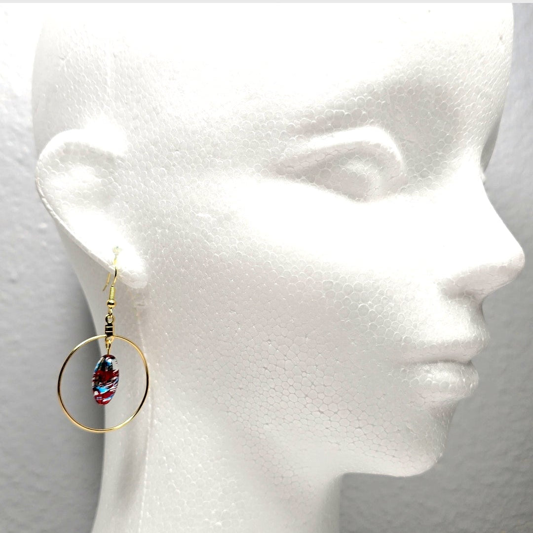 Handpainted Red Murano Glass Gold Round Drop Dangling Bohenian Artistic Earrings