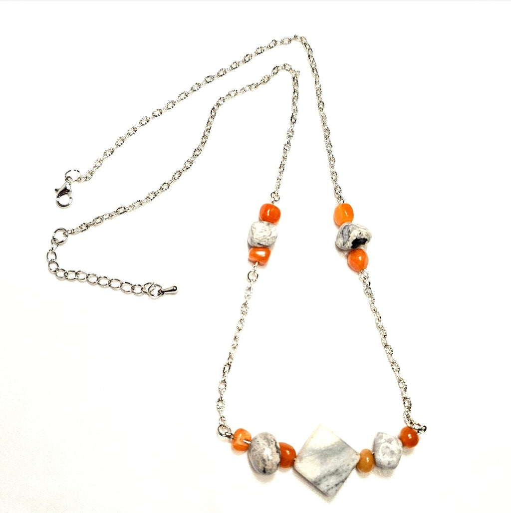 Handmade Gray Marble Pendant with Orange Carnelian stones on silver-tone chain. Y2K Bohenian Necklace Set. Neutral elegant versatile